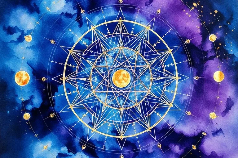 Abstract watercolor painting of swirling cosmic energies in deep blue, purple, and gold