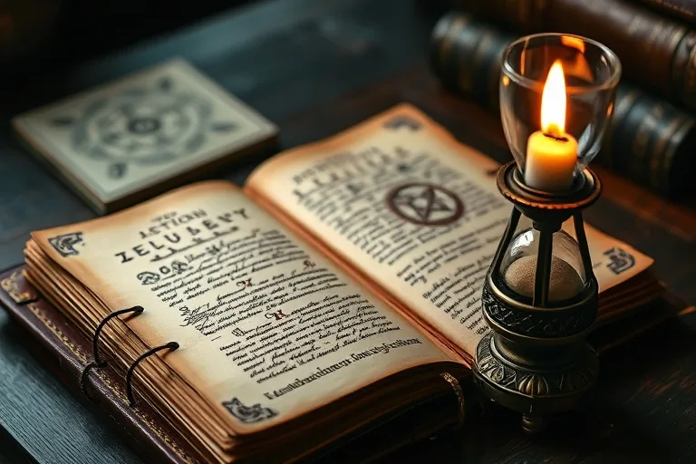 A vintage leather-bound journal open to a page with handwritten astrological symbols and notes, next to an hourglass and a flickering candle, symbolizing ancient wisdom and daily planning.