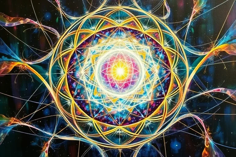 Abstract oil painting depicting flowing, interconnected ribbons of light in various colors, converging towards a central, radiant sphere, symbolizing the harmonious alignment of intentions and the achievement of success.