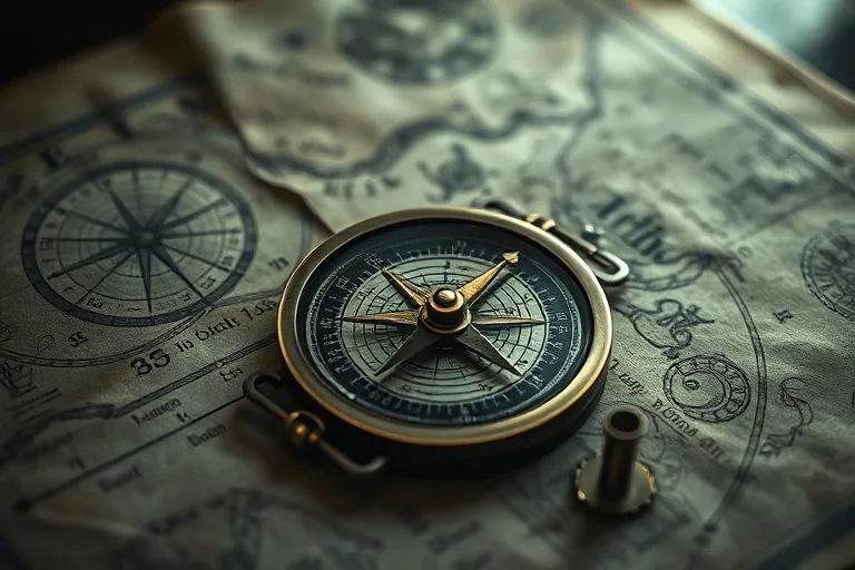 Cinematic still life of an antique, ornate compass lying on a weathered map, its needle subtly shifting direction, surrounded by soft, diffused light, indicating a change in course or energy.