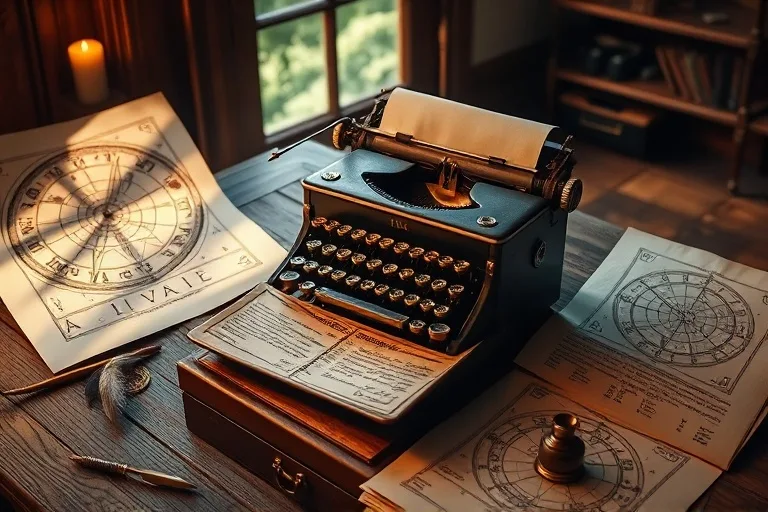 Antique typewriter with a half-written manuscript and astrological charts under moonlight.