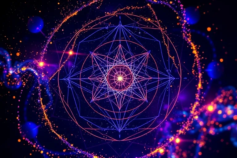 Abstract depiction of creative energy flow with subtle planetary and zodiac symbols.