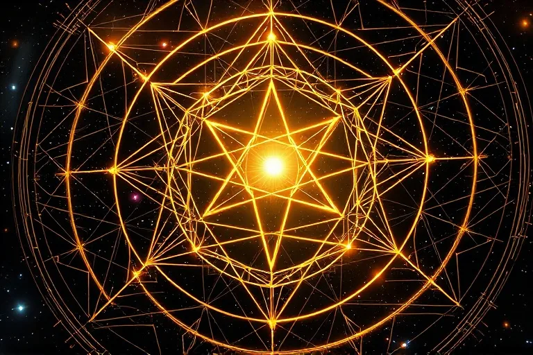 Abstract art of interconnected golden threads and geometric shapes
