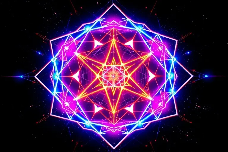 Abstract 3D render of interconnected geometric shapes with pulsating lights, symbolizing critical astrological degrees and their energetic amplification.
