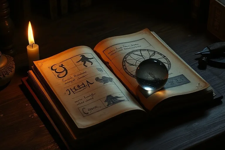 Cinematic Still Life of an antique, leather-bound journal lying open on a dusty wooden desk, its pages filled with faded ink and abstract symbols. A single, flickering candle casts long shadows, illuminating a small, polished crystal ball reflecting a distant, hazy nebula.
