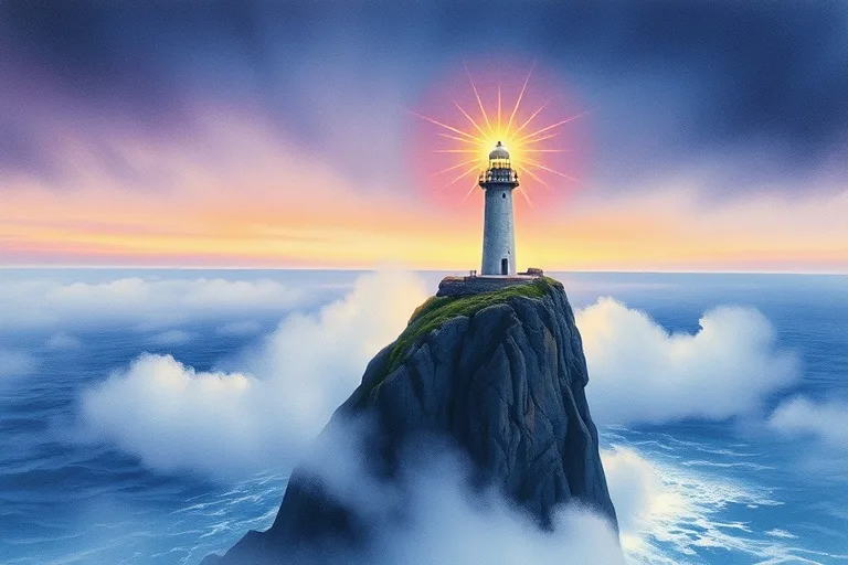 Watercolor Painting of a serene, isolated lighthouse standing on a rugged cliff overlooking a vast, misty ocean under a twilight sky. The light beam from the lighthouse pierces the fog, symbolizing spiritual guidance and inner illumination amidst solitude.