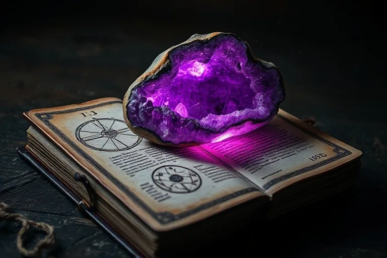 Close-up of an ancient book with a glowing amethyst crystal
