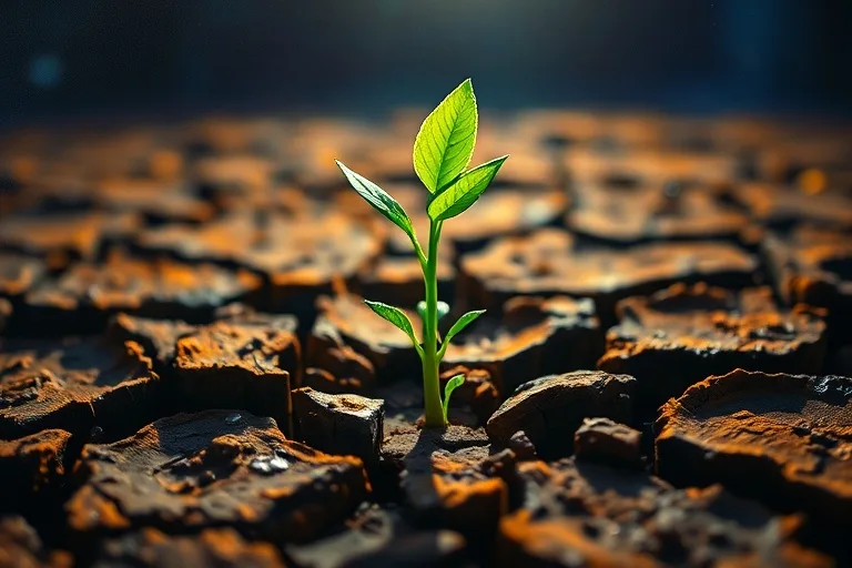 Oil painting of a seedling growing through cracked earth