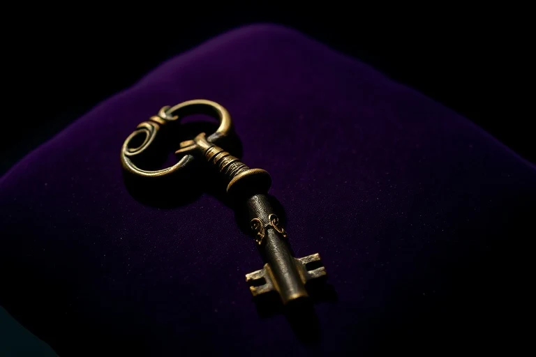 Cinematic still life of an antique, ornate key lying on a velvet cushion, partially obscured by deep shadows, with subtle light glinting off its intricate details, symbolizing hidden power, secrets, and unlocking profound truths.