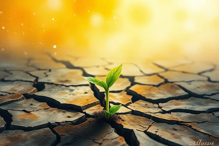 Vibrant watercolor painting depicting a single, resilient sprout pushing through cracked, dark earth, reaching towards a soft, ethereal light, symbolizing regeneration, healing, and growth from destruction.