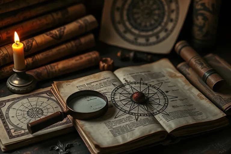 Cinematic still life of ancient, worn astrological texts and scrolls, partially illuminated by a single, flickering candle. A magnifying glass rests on an open page, highlighting a complex planetary glyph. The scene is set on a heavy, antique wooden desk, evoking a sense of deep study and hidden knowledge.