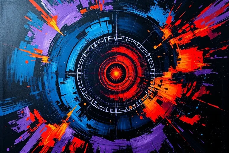 Abstract oil painting depicting a swirling vortex of deep blues, purples, and blacks, with streaks of fiery orange and red breaking through, representing the intense process of destruction and rebirth. The brushstrokes are thick and dynamic, conveying raw energy and profound change.