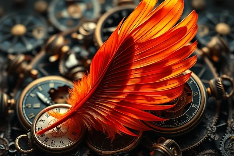 Phoenix feather emerging from shattered antique pocket watches, symbolizing death and rebirth