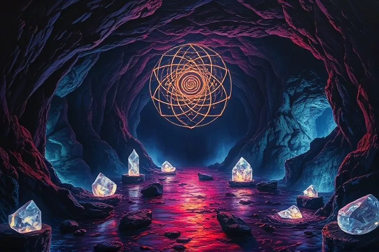 Surrealist oil painting of a subterranean cavern with glowing crystals, reflecting abstract symbols