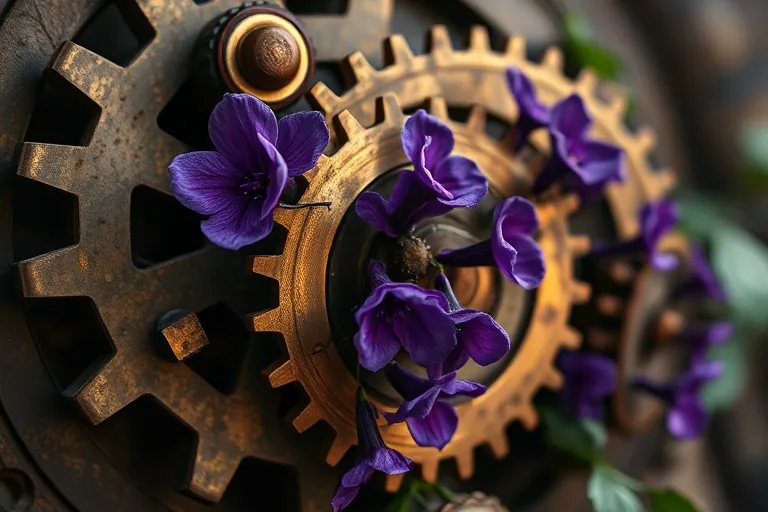 Cinematic still life featuring ancient, weathered gears slowly turning amidst blooming nightshade flowers, symbolizing hidden power and cyclical regeneration through macro photography.