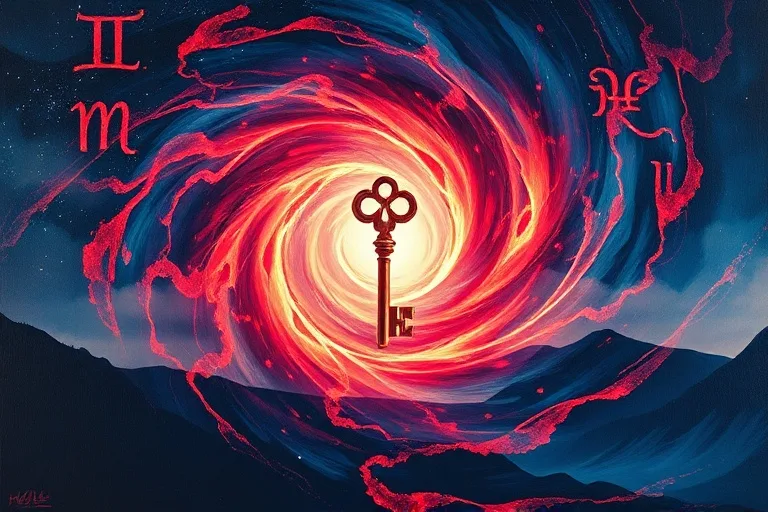 Abstract oil painting depicting a swirling vortex of deep indigo and crimson hues, with subtle, fragmented symbols of ancient scripts and a single, glowing key, representing subconscious depths and karmic unlocking.