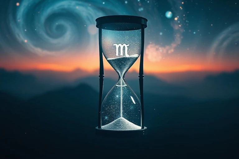 A glowing hourglass with astrological symbols, representing time and cosmic influence on personal evolution.