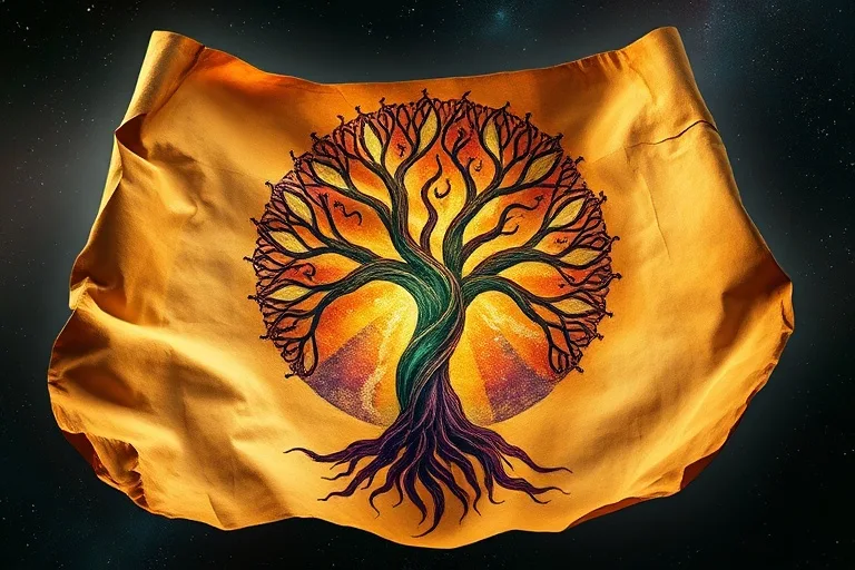 An ancient scroll unfurling to reveal an abstract painting of a tree, symbolizing personal growth and transformation.