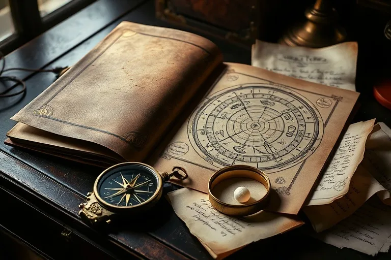 Cinematic still life of a vintage astrological almanac open on a wooden desk, with a brass compass and scattered parchments, suggesting the intricate components of a birth chart.