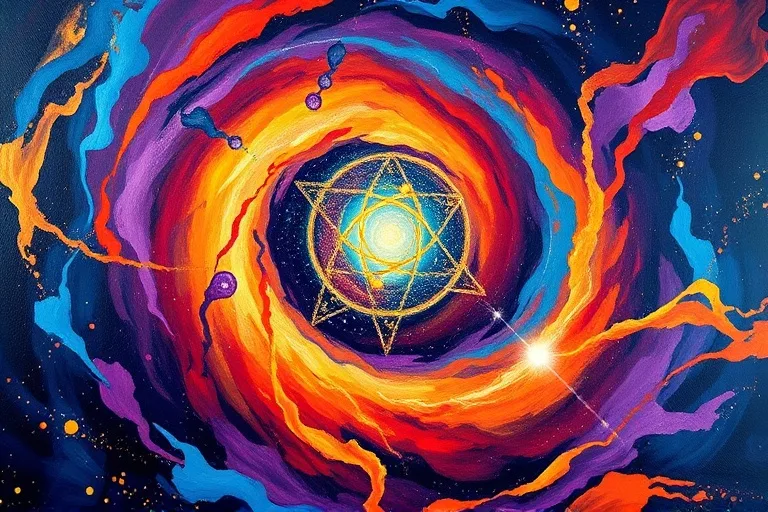 Abstract expressionist oil painting of a vibrant, swirling vortex of colors with subtle astrological shapes, symbolizing the dynamic flow of energy and transformation in a life path.