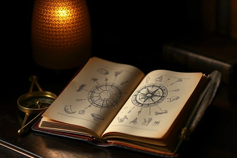 Cinematic still life of an antique leather-bound journal open to a page with faded astrological symbols, a vintage brass compass, and a quill pen on a dark wooden desk.