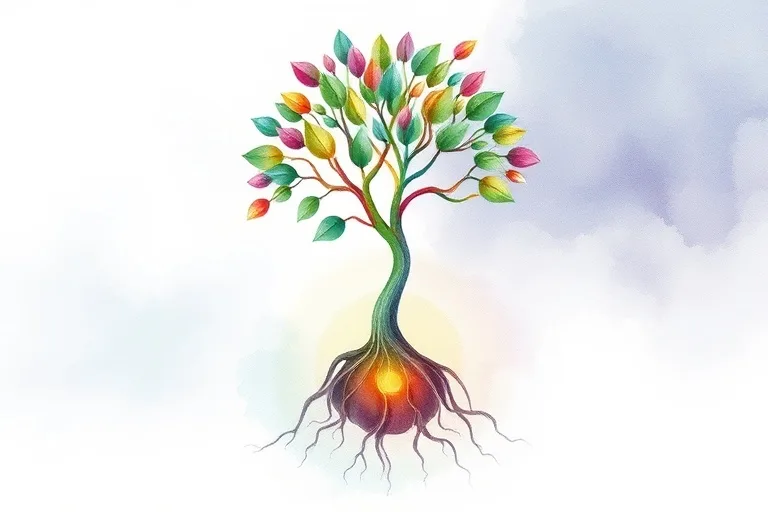 Watercolor painting depicting an abstract seed sprouting into a vibrant plant, with roots and branches, symbolizing inner growth and unfolding potential.