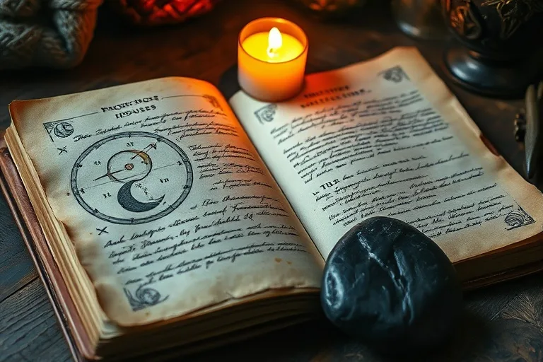 Vintage leather journal with astrological symbols and notes, illuminated by a candle, next to a smooth river stone