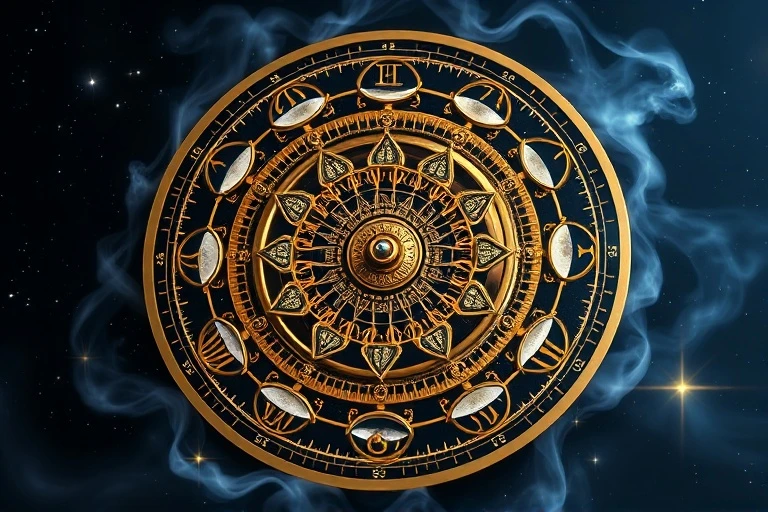 Intricate 3D digital illustration of a clockwork mechanism with lunar phase gears and swirling mist