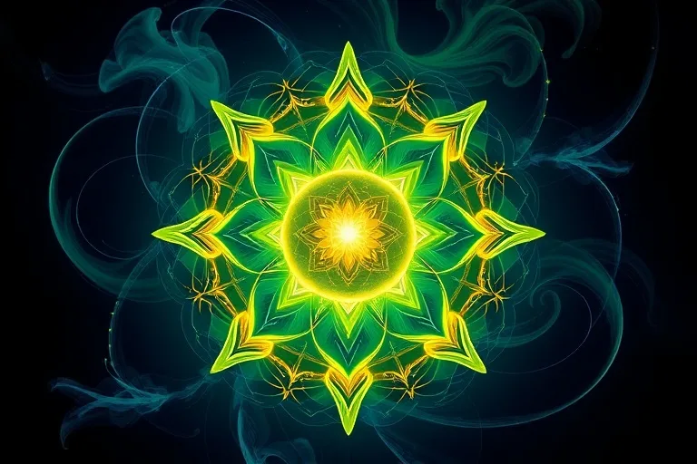 Dynamic abstract digital art with swirling luminous energy currents in green, blue, and gold, converging into a glowing sphere, representing Qi flow.
