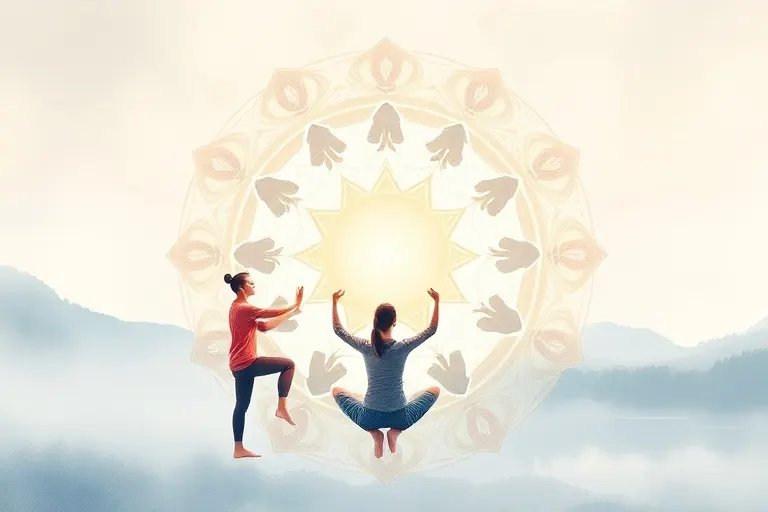 Soft watercolor illustration depicting graceful, interconnected human figures in various Qigong postures, emphasizing gentle motion and inner peace.