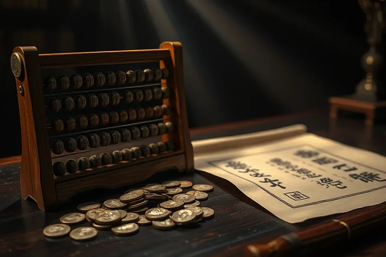 Cinematic still life of a vintage abacus with scattered ancient Chinese coins and a calligraphy scroll on a dark wooden desk, lit dramatically.