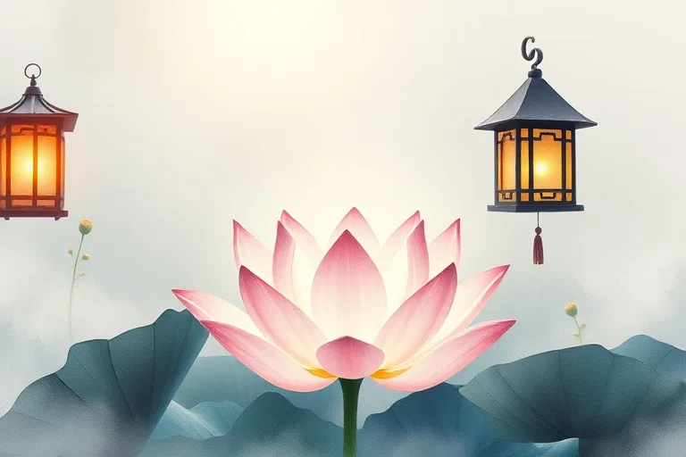 Watercolor painting of a tranquil lotus flower and softly glowing lanterns in a misty garden, symbolizing peace and spiritual well-being.