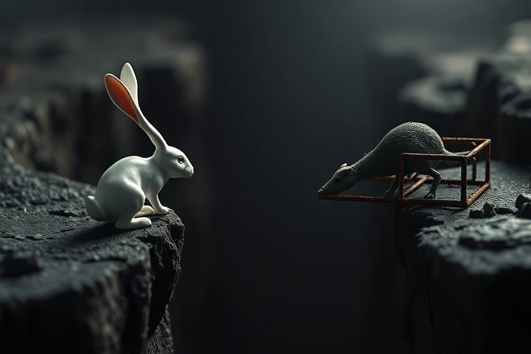 Delicate porcelain rabbit figurine on one side of a chasm, metal rat trap on the other, dramatic lighting.