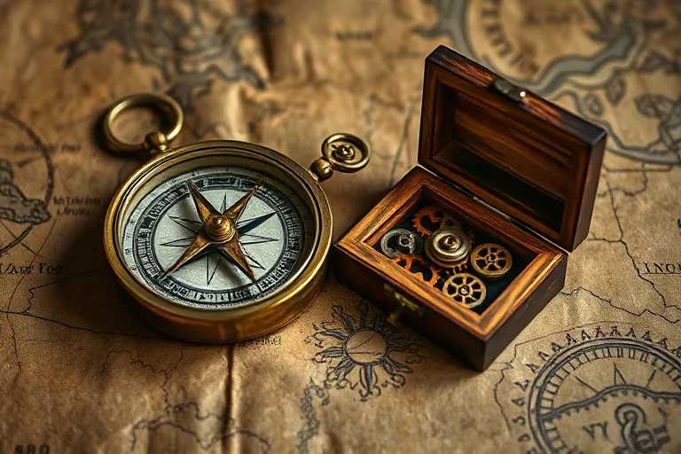 Extreme close-up macro photography of an antique brass compass with a spinning needle on a worn leather map, next to an open, intricately carved wooden puzzle box with visible gears, symbolizing complex problem-solving and strategic navigation.