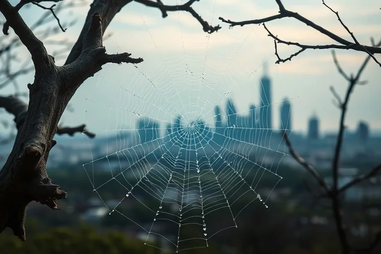 Conceptual oil painting of a delicate spiderweb glistening with dew drops between weathered branches, with a blurred city skyline in the background, symbolizing intricate planning, resourcefulness, and navigating a dynamic urban environment.