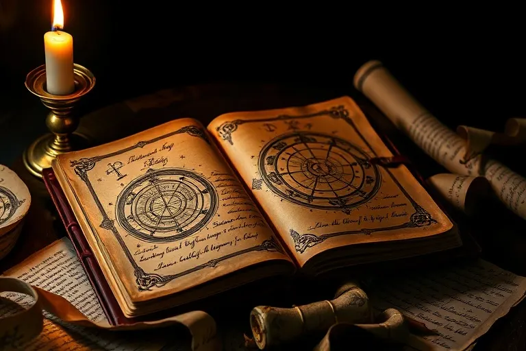 Antique leather-bound journal with astrological diagrams and parchment scrolls, illuminated by candlelight.
