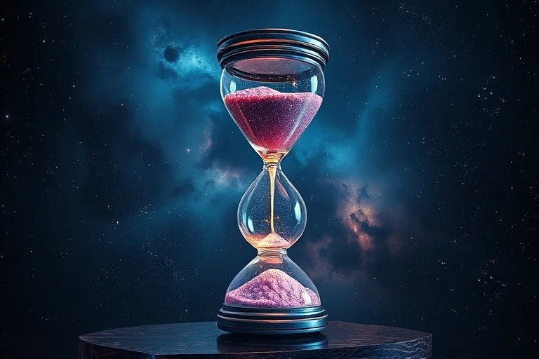 Stylized translucent hourglass with swirling cosmic dust, representing souls and continuity of existence.