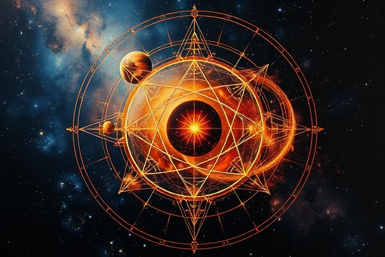 An allegorical oil painting showing planetary spheres merging their auras, symbolizing the complex energetic interplay in relationships.