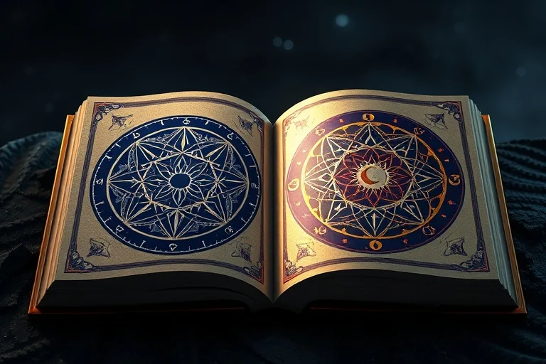 A 3D digital illustration of an open book with two distinct geometric patterns on one page, synthesizing into a new, complex pattern on the opposite page, representing composite chart formation.