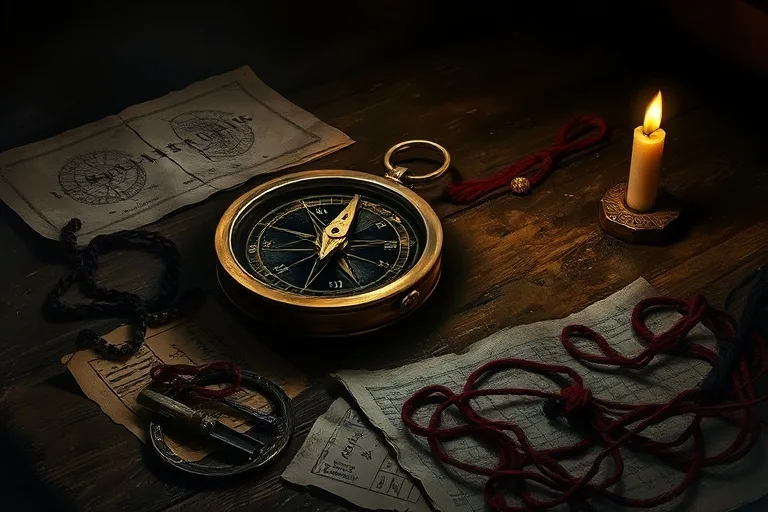 Cinematic still life of an antique, weathered compass spinning wildly on a distressed wooden table, surrounded by scattered, faded astrological charts and tangled threads, with a flickering candle casting long shadows.