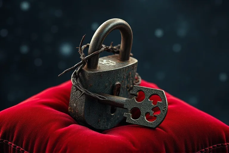 Digital illustration of a rusted, ornate lock and key intertwined with thorny vines, lying on a velvet cushion, against a blurred, dark cosmic background. The key is slightly bent.