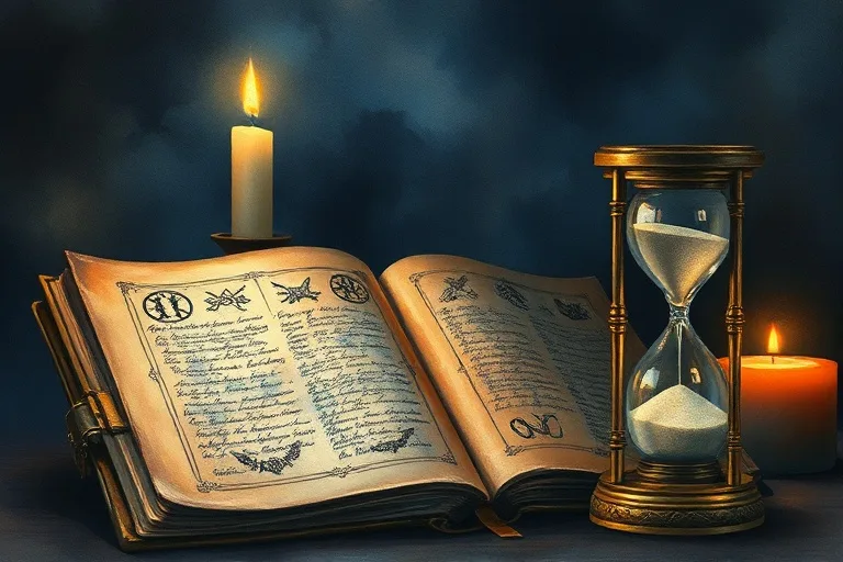 Antique leather-bound journal with faded script and abstract symbols, next to a worn hourglass with sand flowing upward, illuminated by soft candlelight.