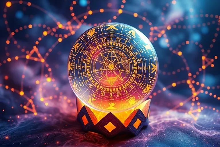 Stylized, glowing crystal ball reflecting a complex astrological chart, surrounded by floating cosmic dust and ancient geometric patterns.