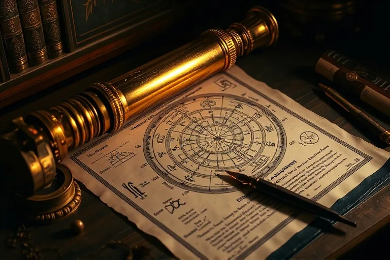 Cinematic still life of an antique brass telescope and handwritten astrological chart