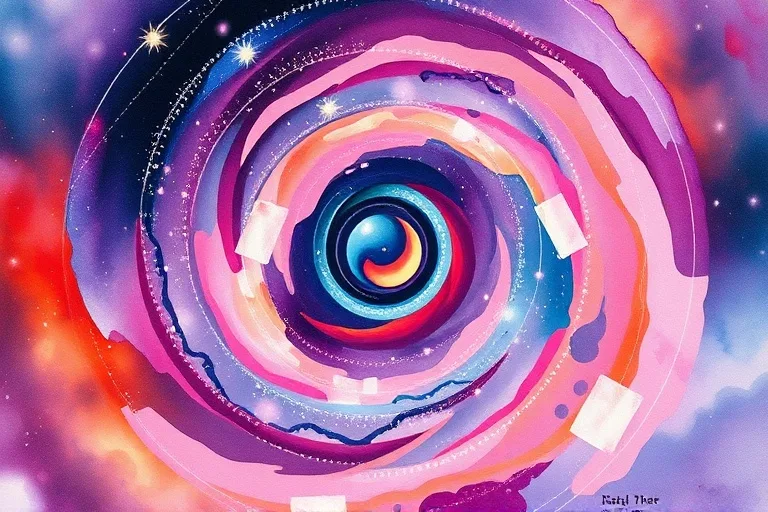 Abstract watercolor painting of swirling cosmic energies and merging colors