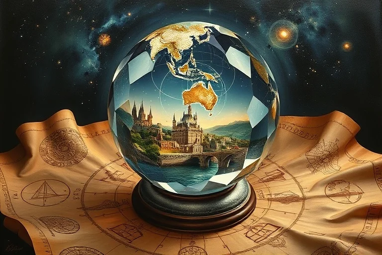 Surreal oil painting of a multi-faceted crystal globe reflecting historical scenes on a parchment map.