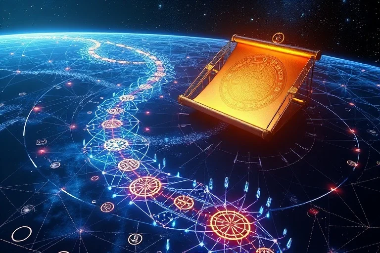Conceptual 3D render of a labyrinthine path of glowing data streams and ancient symbols towards an illuminated scroll.