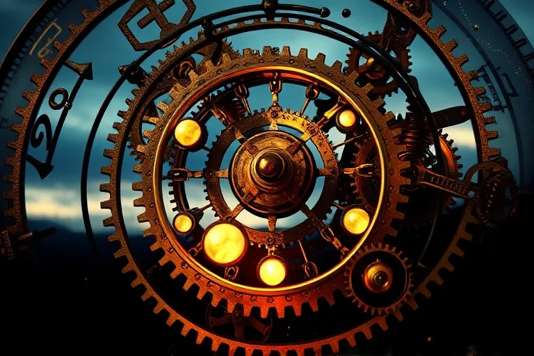 3D render of intricate gears and celestial spheres intertwined, subtly glowing, symbolizing destiny and the flow of time.