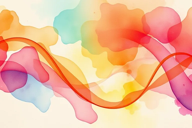 Abstract watercolor painting with flowing interconnected lines in warm and cool tones, symbolizing balance in love, career, and health.