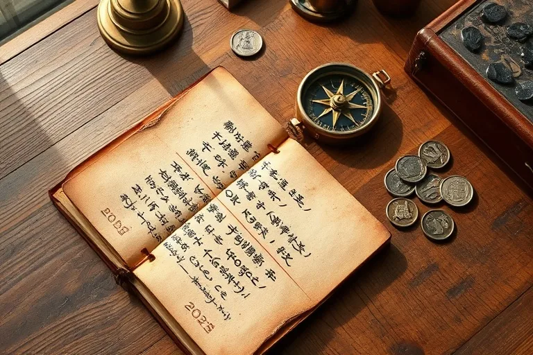 A vintage desk with a journal, compass, and coins, symbolizing strategic planning and reflection for the upcoming year.